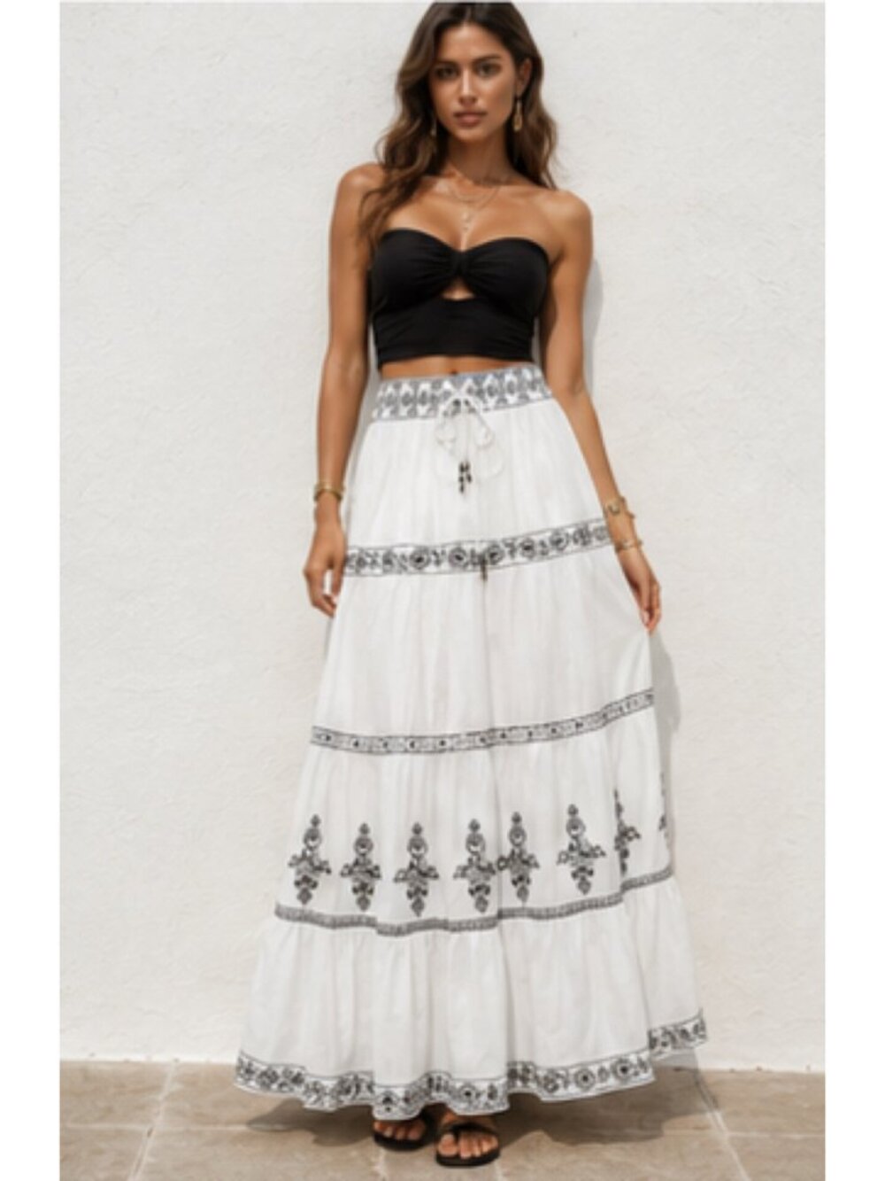 Zara Embroidered Resort Maxi Skirt Mediterranean Boho White